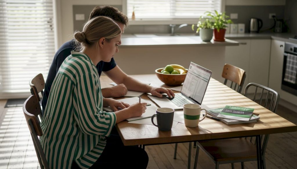 Couple comparing moving quotes at kitchen table