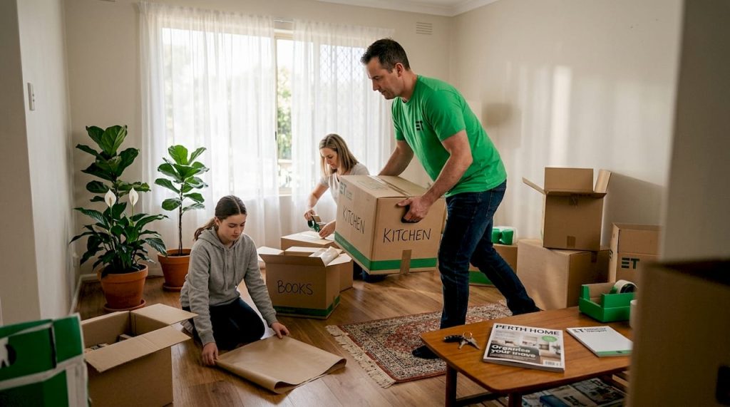 Family moving boxes on removal day
