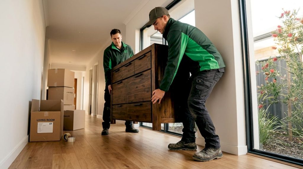 Removalists moving furniture in Perth suburban home