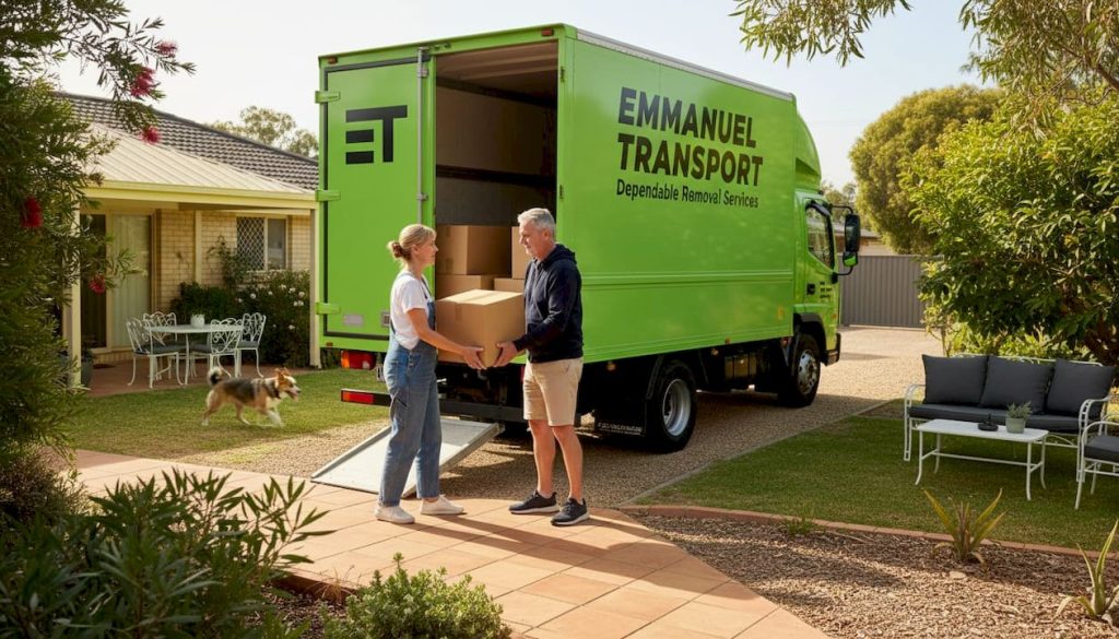 Couple carrying boxes to removal truck