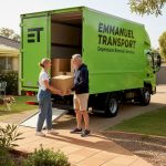 Couple carrying boxes to removal truck