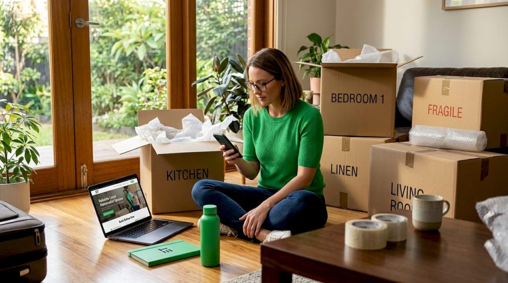 Woman urgently booking Perth movers on phone