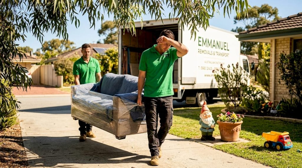 Movers carrying sofa in Perth suburban home