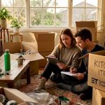Couple planning a move in packed living room