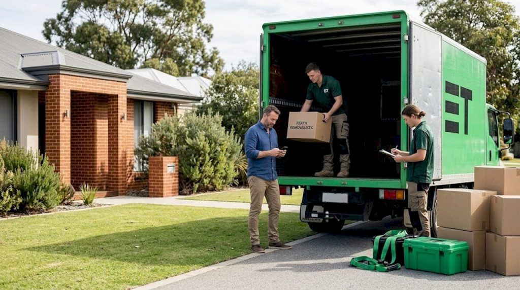 Homeowner and movers loading boxes outside house