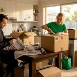 Family packing moving boxes in sunlit living room