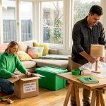 Couple packing boxes in living room