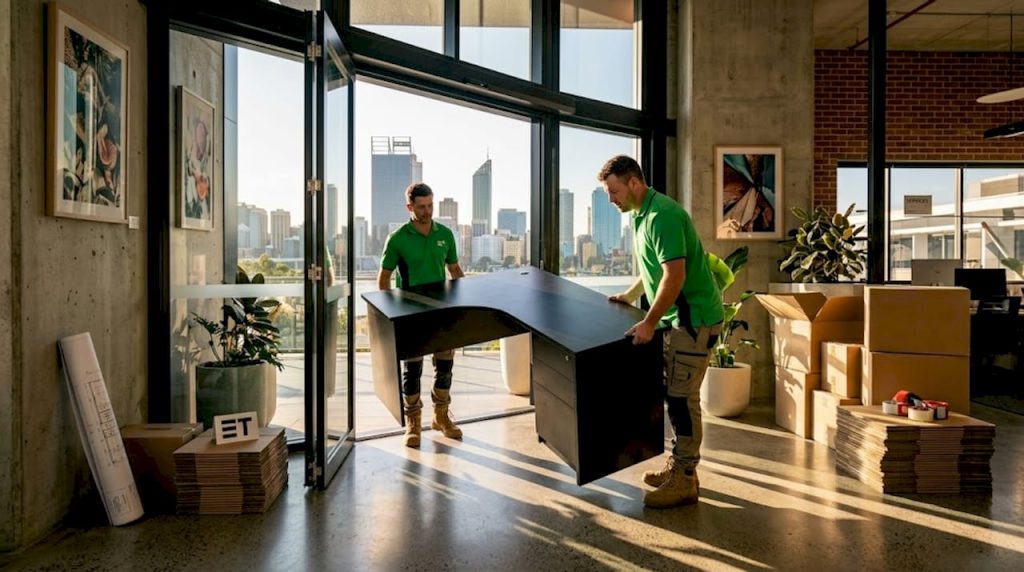 Movers hauling large desk in Perth office