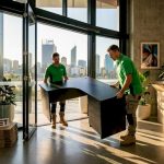 Movers hauling large desk in Perth office