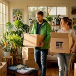 Family carrying boxes in sunny living room