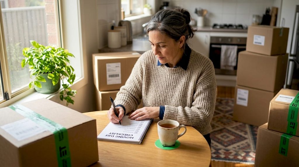 Woman planning removal tasks in living room