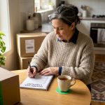 Woman planning removal tasks in living room
