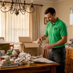 Mover packing boxes in sunlit living room