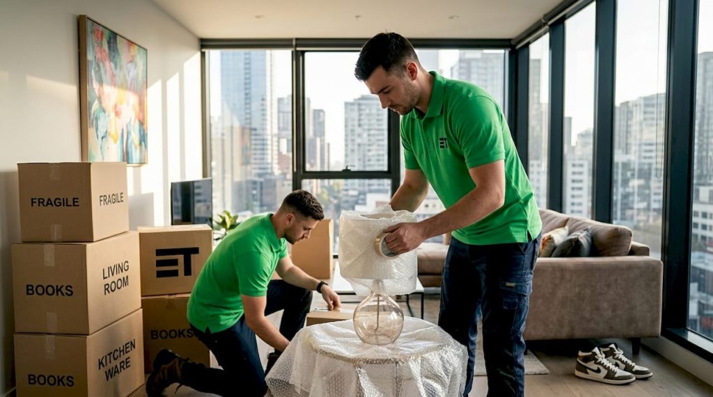 Movers packing home with boxes and furniture