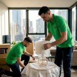 Movers packing home with boxes and furniture