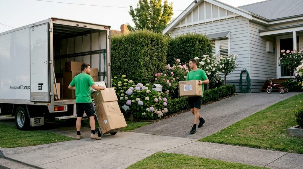 Local movers unloading truck in suburb