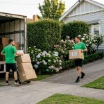Local movers unloading truck in suburb