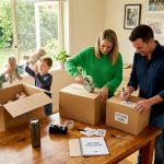 Family packing and labelling boxes together