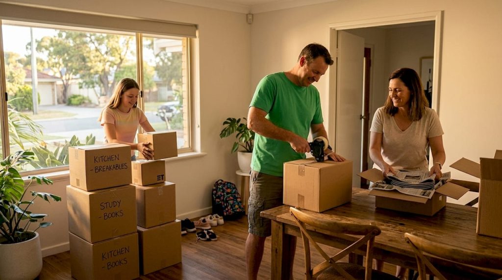 Family packing moving boxes in Perth living room