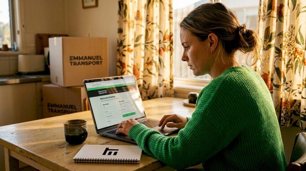 Woman booking moving service on laptop