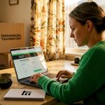 Woman booking moving service on laptop